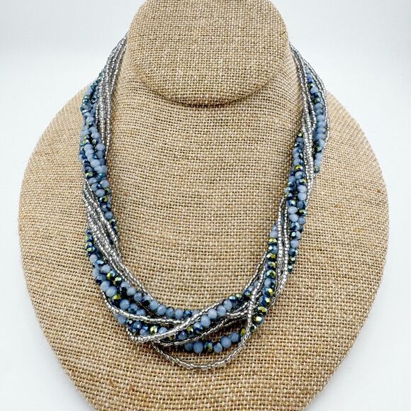 Premier Designs Necklace Layered Blue Aurora Borealis Seed Bead Strand Magnetic - Picture 1 of 10